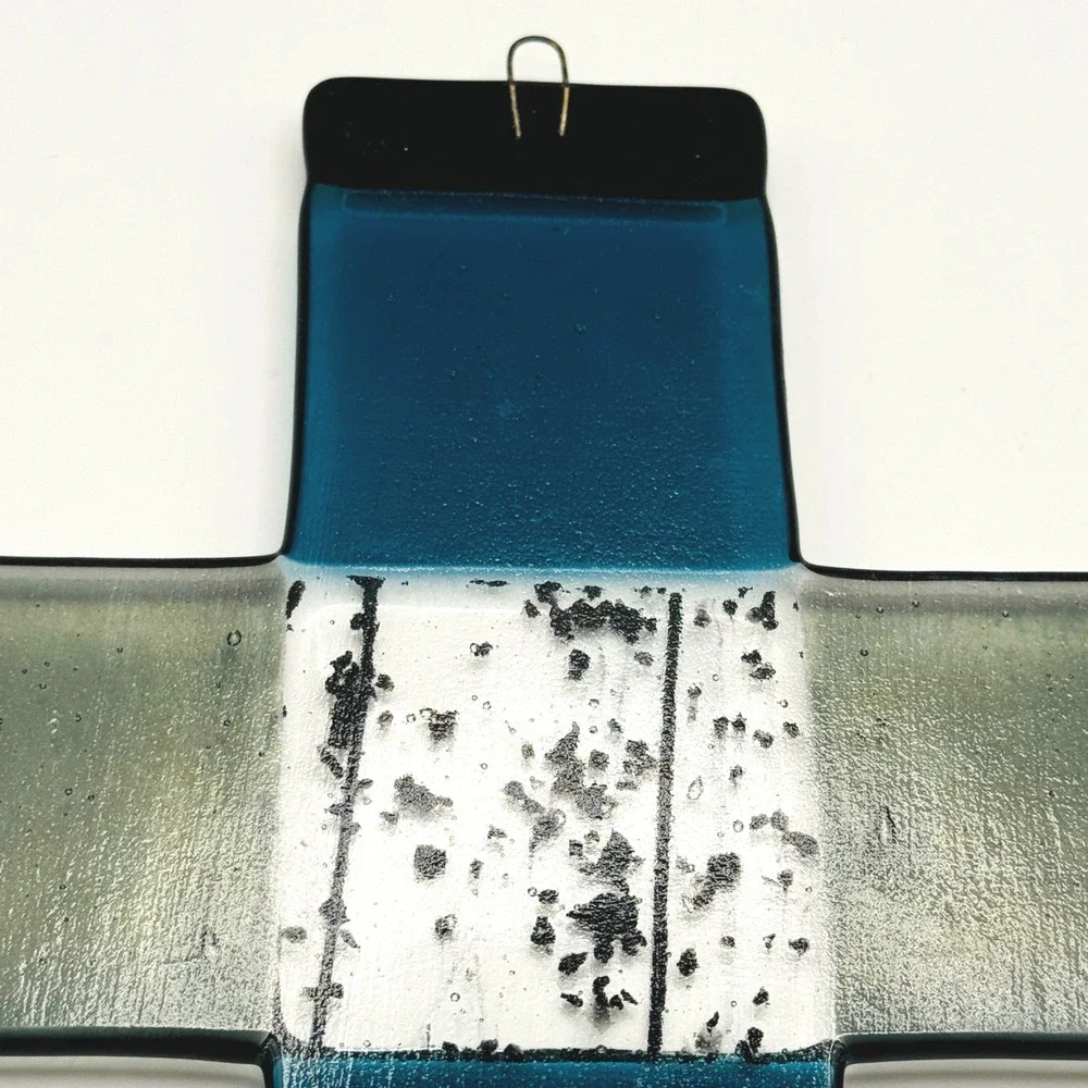 Handmade Fused Glass Wall Cross Faith Blue Art Glass Religious Decor